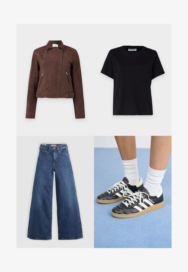 Braune Wildleder-Motorradjacke mit durchgehendem Reißverschluss, Druckknopfkragen, zwei seitlichen Reißverschlusstaschen und Knopf-Akzenten am Saum. Glatte Textur.; Schwarzes T-Shirt mit kurzen Ärmeln aus Baumwolle. Verfügt über einen Rundhalsausschnitt und einen lockeren Schnitt. Das Etikett trägt die Aufschrift „WEEKDAY“ am Kragen.; Weite blaue Jeans aus Denim mit fünf Taschen, einem Knopfverschluss und Kontrastnähten, die eine weiche und strukturierte Oberfläche aufweisen.; Schwarze Ledersneaker mit weißen Streifen, runder Zehenpartie, weißen Schnürsenkeln und Gummisohle. Abgerundet durch gepolsterten Kragen und Branding-Details.