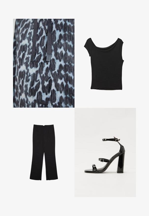 Zoomirano črno in modro živalsko vzorčasto blago z črnimi gumbi in temnimi pletenimi vrvicami.; Črna kratka majica s kratkimi rokavi iz gladkega blaga; ima drapiran izrez in asimetrično spodnjo rob, s prilegnjenim telesom.; Črne hlače ravnega kroja z naglavnimi žepi in stranskimi razporki na robu. Narejene iz mehke, gladke tkanine. Primerne za različne priložnosti.; Črne lakirane sandale s peto, kvadratnim prstom, trakovi okrog gležnja in srebrnimi zaponkami. Opremljene so s stabilno Debelo peto.