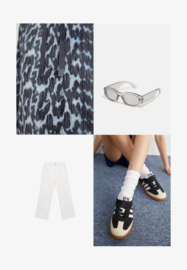 Krupan plan crnog i plavog tkanja sa životinjskim uzorkom, s crnim dugmadi i tamnim pletenim vezicama.; Dva majica bez rukava u crnoj i bijeloj boji, izrađene od rebrastog pamuka, s okruglim izrezima i prianjajućim dizajnom. Oznake su vidljive na obje.; Bijele traperice širokih nogavica s klasičnim dizajnom s pet džepova, metalnim detaljima i kontrastnim šavovima. Glatka tekstura i opušteni kroj.; Crno-bijele atletske cipele s gornjim dijelom od antilopa i kože, sa tri bijele pruge i gumiranim potplatima. Par se nosi s bijelim čarapama.; Sive prozirne sunčane naočale pravokutnog oblika, s ravnim lećama i debelim ručkama. Imaju suptilan detalj na šarkama.; Tamnosmeđi nubuk torbica s dvjema gornjim ručkama, strukturiranim oblikom i kožnim detaljima. Ima podesivi zatvarač na vezanje i glatku teksturu.