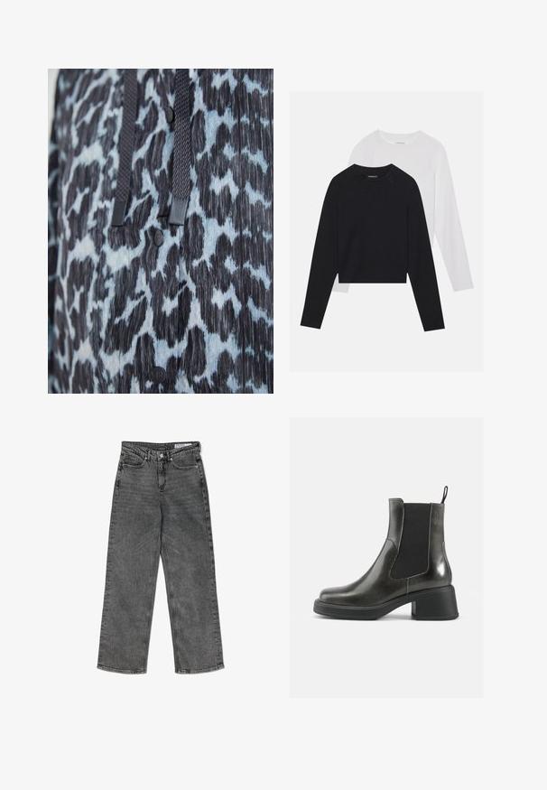 Zbliżenie na materiał w animal print w czerni i niebieskim, z czarnymi guzikami i ciemnymi plecionymi sznurkami.; Dwie koszule z długim rękawem: jedna czarna, a druga biała. Obie mają okrągły dekolt, rękawy raglanowe i miękką bawełnianą tkaninę.; Czarne, wysokiej talii, prostokątne dżinsy z wyżłobionymi nogawkami, z przednimi kieszeniami, szlufkami na pasek, zapięciem na guzik oraz z metką marki na wewnętrznej stronie pasa.; Czarne skórzane botki za kostkę o gładkim wykończeniu, z elastycznymi bocznymi panelami i masywnym obcasem. Posiadają pętelkę ułatwiającą zakładanie.