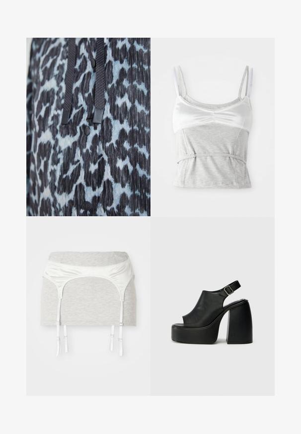 Must lahed musta ja sinise loomamustriga kangas mustade nukke ja tumedate punutud tõmblukkudega.; Hallide ja valge kampsun reguleeritavate rihmadega, satinist ülemise osa ja tekstuurse halli puuvilla alumise osaga, mis on taljes kokku tõmmatud.; Hallhalli hall, millel on satiinidest valge vöökoht ja neli reguleeritavat paela sukapaela eesmärgil. Sile tekstuur, sobiv disain.; Mustad avatud varvastega platvormisandaalid, millel on kaarjas disain, kinnituv rihm ja korralik plokkkonts. Sile nahktekstuur, minimalistlik stiil.