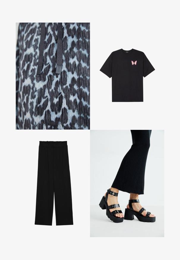 Detailní záběr na černou a modrou látku s potiskem zvířecího vzoru, černými knoflíky a tmavými pletenými šňůrkami.; Černé bavlněné tričko s krátkým rukávem, na levém prsou s malou grafikou růžové motýlky. Design s kruhovým výstřihem a volným střihem.; Černé široké nohavice s volánkovým pasem, které mají dvě boční kapsy a hladkou, lehkou tkaninu. Žádné viditelné vzory ani kovové prvky.; Černé platformové sandály s robustními podrážkami a několika řemínky, s kovovými sponami a hladkým koženkovým povrchem.