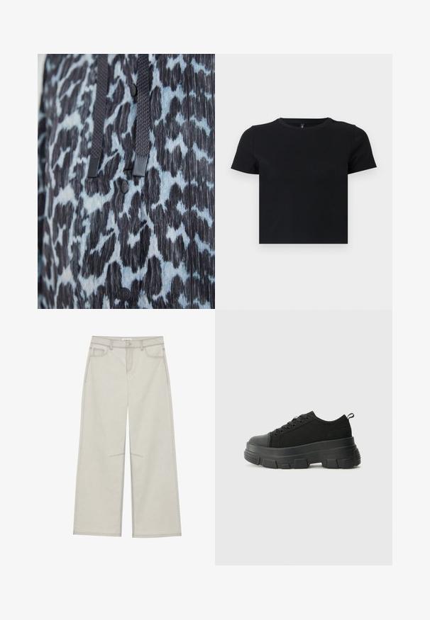 Zoomirano črno in modro živalsko vzorčasto blago z črnimi gumbi in temnimi pletenimi vrvicami.; Črna majica s kratkimi rokavi, izdelana iz mehke bombažne tkanine. Ima okroglo ovratnico in oprijet kroj. Gladka tekstura brez vzorcev ali dodatkov.; Svetlo sivi široki hlače s pet žepov, sprednjem zapiranju na gumb in kontrastnim šivom ob šivih. Tkanina izgledata mehka in trpežna.; Črne teniske z debelim gumijastim podplatom, zgornji del iz teksturirane tkanine, okrogla punta in zavezovanje z vrvicami. Vključujejo ojačane luknje za vrvice in zanko na hrbtu.