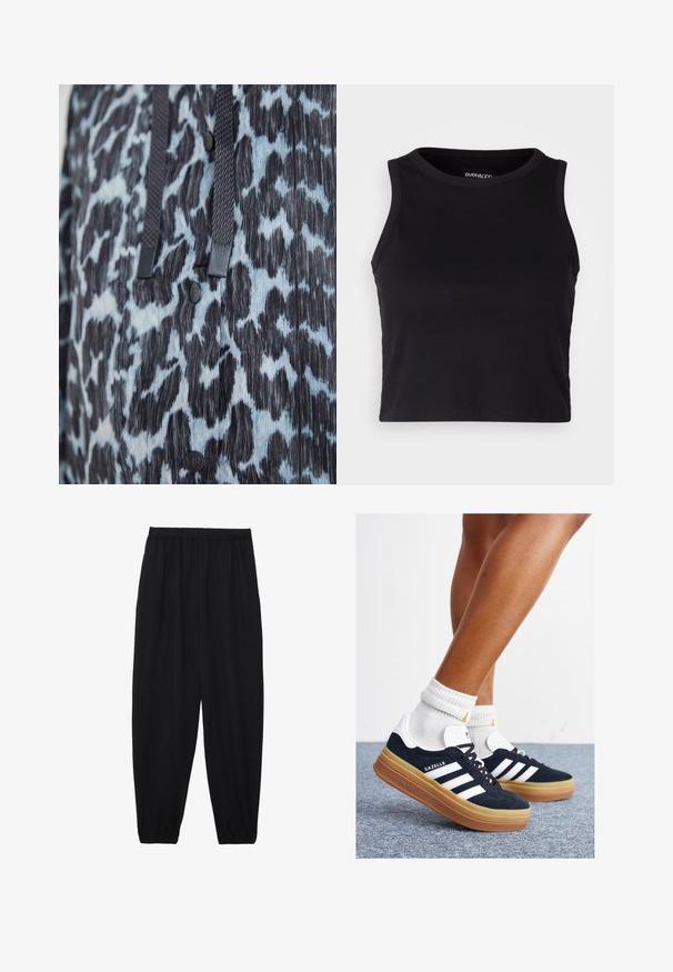 Närbild av svart och blå djurmönstrad tyg med svarta knappar och mörka flätade dragsnören.; Svart ribbad kort tanktopp med rund halsringning och ärmlös design. Tillverkad av mjuk, stretchy tyg med rena, fållade kanter.; Svarta, lätta byxor med elastisk midja och samlade ankleder. Tyget är slätt och har en avslappnad, avsmalnande design.; Svarta sneakers i mocka med vita ränder och detaljer, rundad tå, yttersula i gummiblandning, kombinerade med vita ribbade crew-strumpor.