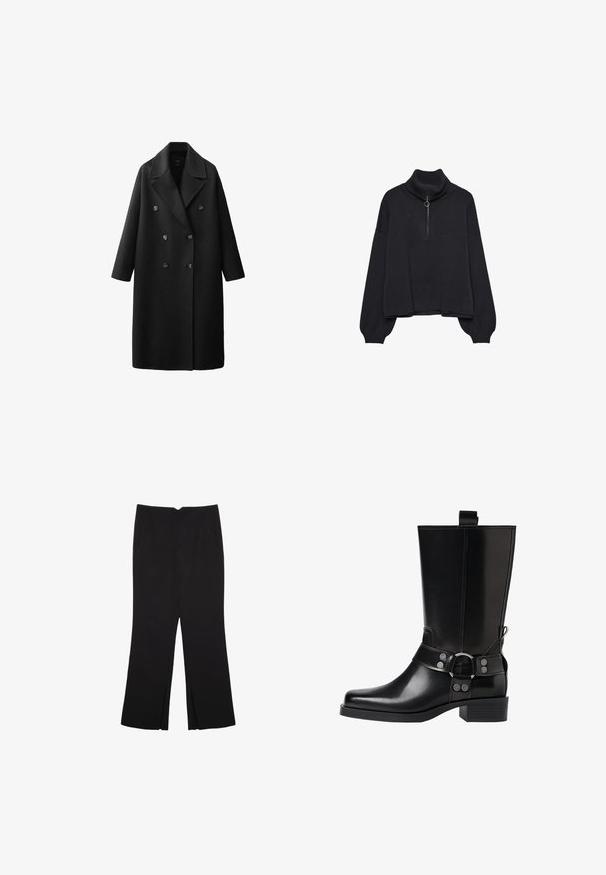 Crni vuneni kaput s dvostrukim kopčanjem, širokim reverima i tri velika dugmeta. Ima duge rukave i ravni kroj.; Crni pulover s visokim ovratom i polu-zipom sprijeda, oversized rukavima i mekanom teksturom. Ima rebrasti ovratnik i rub. Minimalistički dizajn.; Crne hlače ravnog kroja, s prednjim džepovima i bočnim prorezima na rubu. Izrađene od mekog i glatkog materijala. Pogodne za razne prigode.; Crne kožne čizmice do koljena s šiljastim prstima, sličnim srebrnim kopčama i debelim potplatima. Imaju rupicu za lakše oblačenje.
