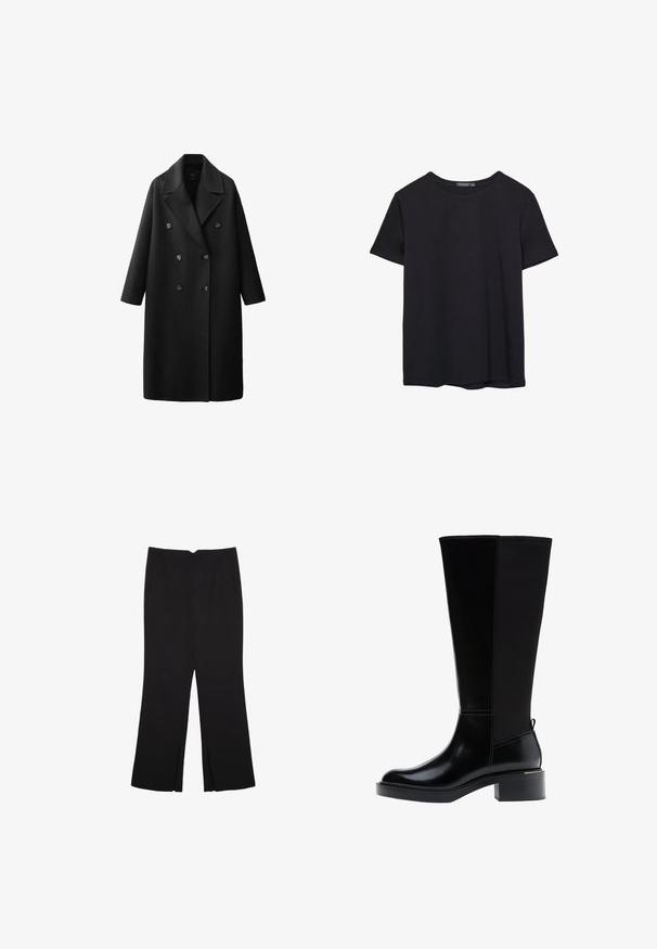 Schwarzer Woll-Trenchcoat mit doppelreihigem Design, breiten Revers und drei großen Knöpfen. Verfügt über lange Ärmel und einen geraden Schnitt.; Einfaches schwarzes T-Shirt aus Baumwolle mit kurzen Ärmeln und Rundhalsausschnitt, auf einem weißen Hintergrund dargestellt.; Schwarze Hose mit geradem Schnitt, ausgestattet mit Fronttaschen und Seitenschlitzen am Saum. Hergestellt aus weichem, glattem Stoff. Geeignet für verschiedene Anlässe.; Schwarzer kniehoher Stiefel aus glattem Leder, mit markanten Nähten, klobigem Absatz und einer strukturierten Rückseite für zusätzlichen Akzent.
