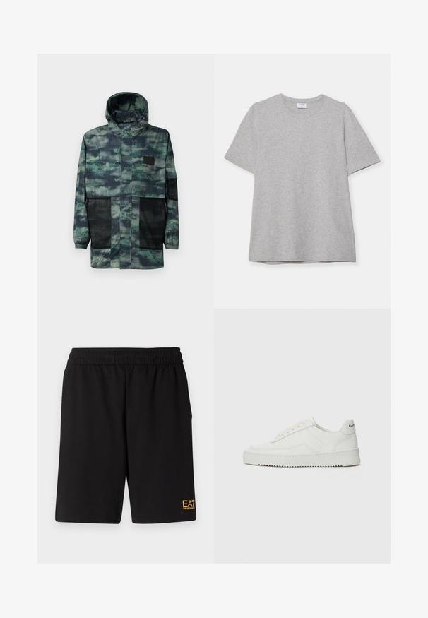 Jachetă rezistentă la apă, cu imprimeu verde de camuflaj, având buzunare laterale din plasă, glugă cu șnur și un fermoar frontal cu clapă de închidere.; T-shirt scurt gri, fabricat dintr-un material moale și texturat. Dispune de un guler clasic și o margine dreaptă, fiind potrivit pentru purtarea zilnică.; Shorts atletici negri dintr-un material moale, având o talie elastică și un mic logo galben EA7 pe partea inferioară a piciorului stâng.; Sneakers din piele albă cu un finisaj neted, vârf rotund, șireturi plate și o talpă texturată. Prezintă un logo subtil pe călcâi.