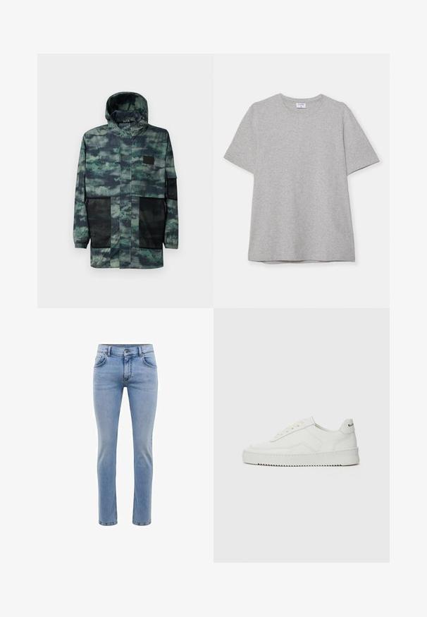 Vattentät jacka i grön kamouflage med meshfickor på sidorna, en dragsko i huvan och en främre dragkedja med klaffstängning.; Grå t-shirt med kort ärm gjord av mjukt, texturerat tyg. Har en klassisk rund halsringning och en rak nederkant, lämplig för avslappnad klädsel.; Ljusblå denimjeans med slim fit, fem fickor och rak bendesign. Har dragkedja och bälteshällor. Mjuk textur.; Vita lädersneakers med en jämn yta, rund tå, platta snörningar och en strukturerad sula. Har en diskret logotyp på hälen.