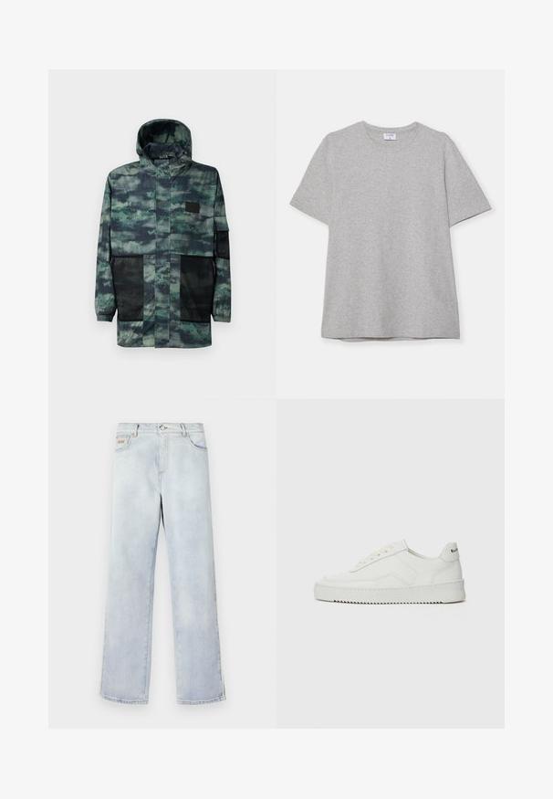 Jachetă rezistentă la apă, cu imprimeu verde de camuflaj, având buzunare laterale din plasă, glugă cu șnur și un fermoar frontal cu clapă de închidere.; T-shirt scurt gri, fabricat dintr-un material moale și texturat. Dispune de un guler clasic și o margine dreaptă, fiind potrivit pentru purtarea zilnică.; Blugi din denim albastru deschis cu un design drept, având un sistem de închidere cu buton, cinci buzunare și cusături contrastante.; Sneakers din piele albă cu un finisaj neted, vârf rotund, șireturi plate și o talpă texturată. Prezintă un logo subtil pe călcâi.