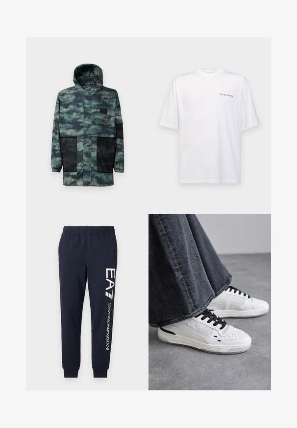 Water-resistant jacket in green camo print, featuring mesh side pockets, a drawstring hood, and a front zipper with a flap closure.; White short-sleeve t-shirt in cotton with a v-neck, featuring a black "FILLING PIECES" logo printed on the left side.; Navy blue cotton joggers with an elastic waistband, tapered legs, and contrasting white EA7 and Emporio Armani logos printed along the side.; White sneakers with black laces and mesh detailing. Features a smooth leather upper and a textured rubber sole. Paired with wide-leg grey jeans.