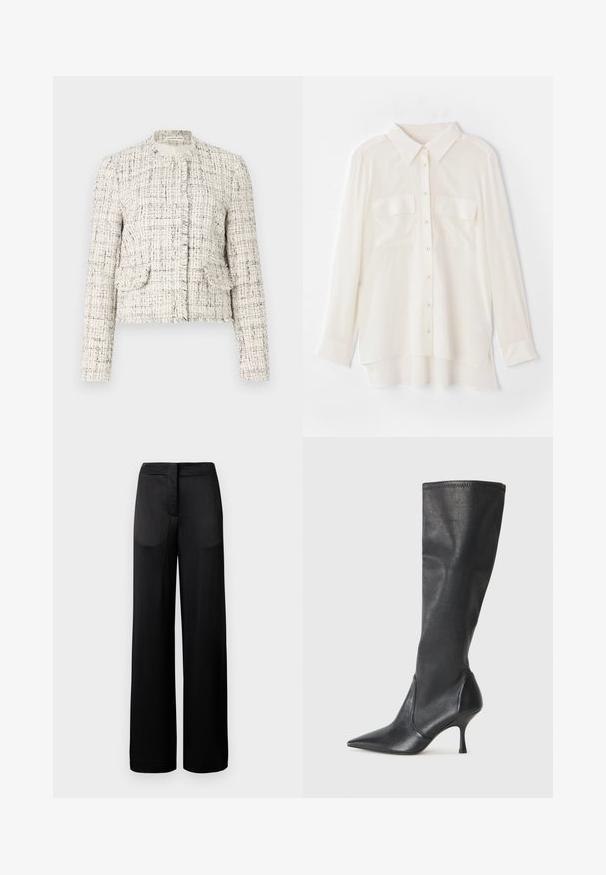 Weißes Tweedjackett mit schwarzen Sprenkeln, Rundhalsausschnitt, fransigen Kanten, zwei Fronttaschen und silberne Knopfverschlüsse.; Weißes Hemd mit Knöpfen aus leichtem Stoff. Es hat einen klassischen Kragen, zwei Brusttaschen und einen leicht längeren hinteren Saum.; Schwarze weit geschnittene Hose mit strukturierter Oberfläche, ausgestattet mit einem flachen Bund und zwei Seitentaschen. Der Stoff wirkt leicht und fließend.; Knöchelhoche schwarze Lederstiefel mit einer spitzen Zehe und einem schlanken Stiletto-Blockabsatz. Glatte Textur mit einer enganliegenden Passform und Nähten am oberen Rand.