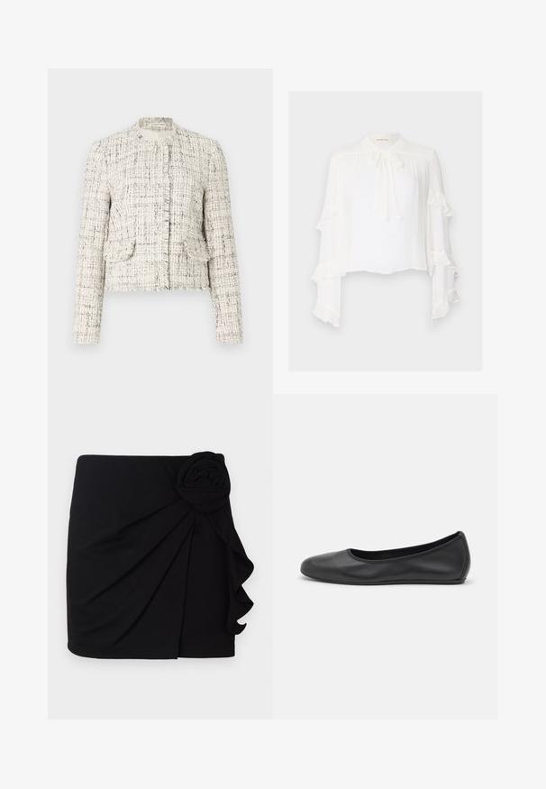 Weißes Tweedjackett mit schwarzen Sprenkeln, Rundhalsausschnitt, fransigen Kanten, zwei Fronttaschen und silberne Knopfverschlüsse.; Weiße Bluse mit langen, ausgestellten Ärmeln und gerüschten Kanten. Hoher Kragen mit einer Bindeband-Detail und aus leichtem, strukturiertem Material.; Schwarzer Minirock aus weichem Stoff mit einem gefältelten Design. Besitzt ein Stoffrose-Detail an der Seite und einen gerafften Saum.; Schwarze Leder-Ballettschuhe mit abgerundeter Spitze, glatter Textur, minimalen Nähdetails und einem flexiblen Sohlen-Design.