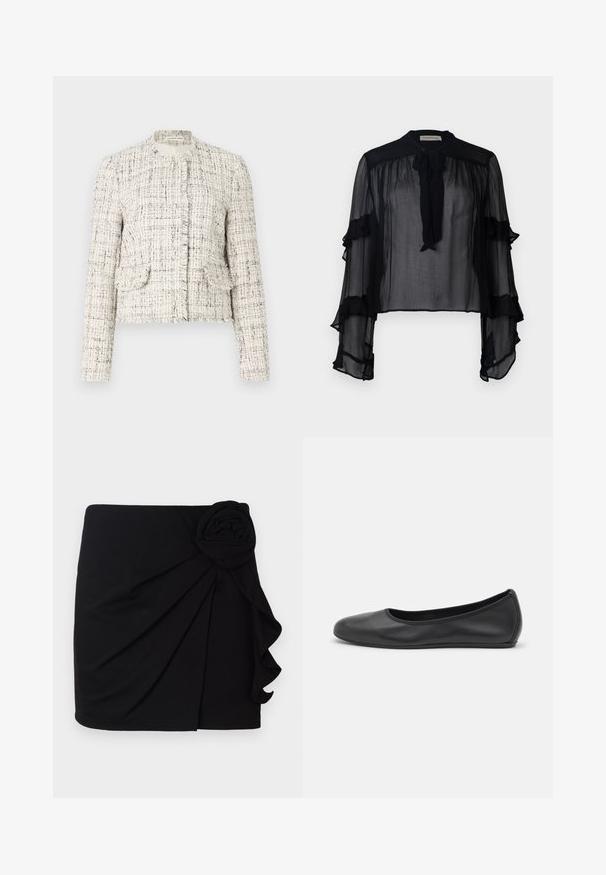 Chaqueta de tweed blanca con manchas negras, con cuello redondo, bordes deshilachados, dos bolsillos delanteros y cierres de botones plateados.; Blusa negra transparente con mangas largas y volantes, y un lazo en el cuello. Confeccionada con tejido ligero y un corte suelto, ideal para superponer.; Mini falda negra hecha de una tela suave con un diseño plisado. Cuenta con un acento de rosa de tela en un lado y un dobladillo con volantes.; Bailarina de piel negra con punta redondeada, textura suave, detalle de costura minimalista y diseño de suela flexible.