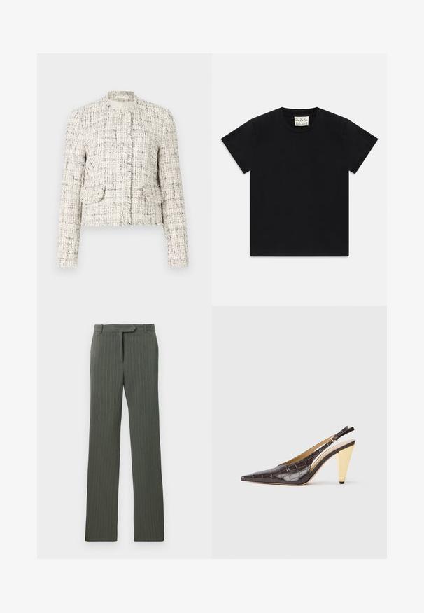 Weißes Tweedjackett mit schwarzen Sprenkeln, Rundhalsausschnitt, fransigen Kanten, zwei Fronttaschen und silberne Knopfverschlüsse.; Schwarzes Kurzarm-T-Shirt mit Rundhalsausschnitt und einem weißen Etikett im Kragen, darauf steht "D.R.C. EST. 2002", vor einem weißen Hintergrund.; Dunkelgraue, taillierte Hose mit Nadelstreifen, Gürtelschlaufen und geradem Bein, flach auf einem weißen Hintergrund ausgelegt.; Spitz zulaufender Slingback-Absatzschuh aus glänzendem, dunkelbraunem Kunstcrocodilleder. Verfügt über einen goldfarbenen geometrischen Absatz und einen verstellbaren Knöchelriemen.