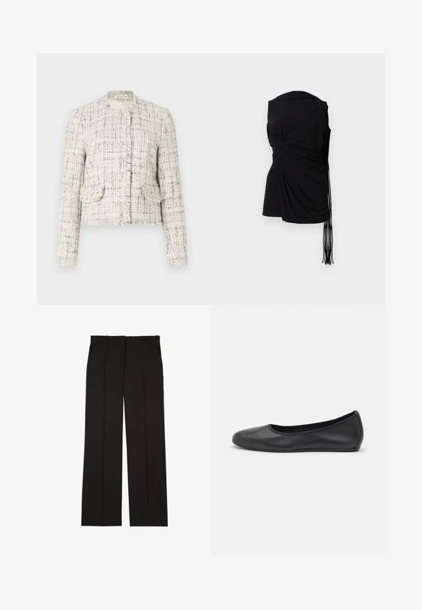 White tweed jacket with black flecks, featuring a round neck, frayed edges, two front pockets, and silver button closures.; Black sleeveless top with draped fabric, side gathering, and elongated fringe detail, featuring a smooth texture and a fitted silhouette.; Black tailored trousers made of a smooth fabric, featuring a straight-leg design, and two side pockets. Elegant and minimalistic construction.; Black leather ballet flat with a rounded toe, smooth texture, minimal stitching detail, and a flexible sole design.