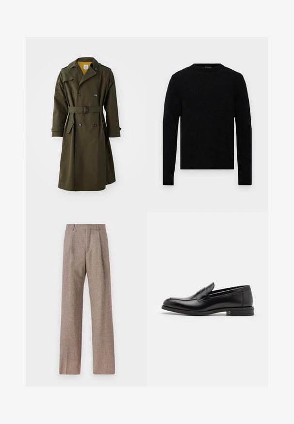 ASPESI Gabardina - military; Filippa K SWEATER - Camisola - black; Calças castanhas de cintura alta feitas de tecido texturado. Apresentam pernas largas e duas pregas frontais para estrutura. Acabamento cuidadoso sem hardware visível.; Mocassins de couro preto com uma textura suave, bico arredondado e uma faixa decorativa sobre o peito do pé. Salto baixo e empilhado, design minimalista.