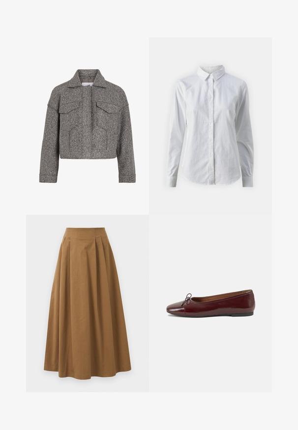 Harmaa lyhyt takki, joka on valmistettu teksturoidusta villasta. Takissa on teräväkauluspanta, kaksi etutaskua ja suora leikkaus.; Valkoinen napitettava paita, joka on valmistettu sileästä puuvillasta. Paidassa on klassinen kaulus, pitkät hihat ja kaareva helma. Nappien koko on pieni ja ne ovat valkoiset.; Ruskea puuvillainen A-linjainen hame korkealla vyötäröllä, jossa on laskokset edessä ja sileä pinta. Helma on viimeistelty siististi ja yksinkertaisesti.; Burgundin värinen lakattu nahkainen ballerinatossu pyöreällä varvaskärjellä, pienen nauhan yksityiskohdalla edessä ja matalalla mustalla kumipohjalla. Sujuva pinta.