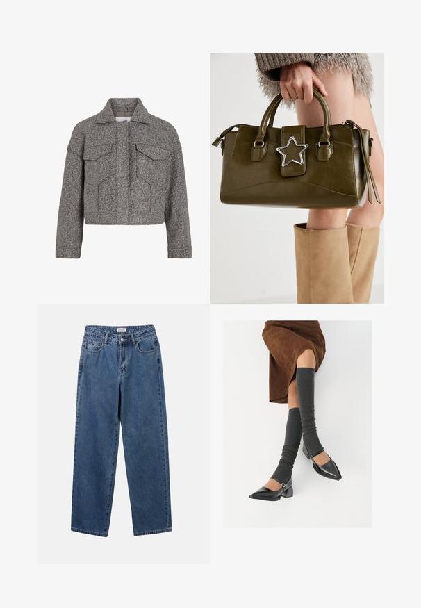 Jaqueta cinza corta feita de lã texturizada, com um colarinho pontudo, dois bolsos frontais e um design de corte reto.; Camisa branca de botão feita de algodão suave, com colarinho clássico, mangas longas e bainha curva. Os botões são pequenos e brancos.; Jeans de denim azul clássicos com um design de perna reta, cinco bolsos e fecho de botão. Apresenta um tratamento médio e uma textura resistente.; Sapatos pretos de pele lacada com biqueira pontuda, salto bloco e tiras no tornozelo, combinados com caneleiras cinzas em malha e uma saia de camurça castanha.; Bolsa de mão em pele sintética verde oliva com detalhe de estrela prateada, alças duplas e fecho com zip. Superfície texturizada e forma estruturada.