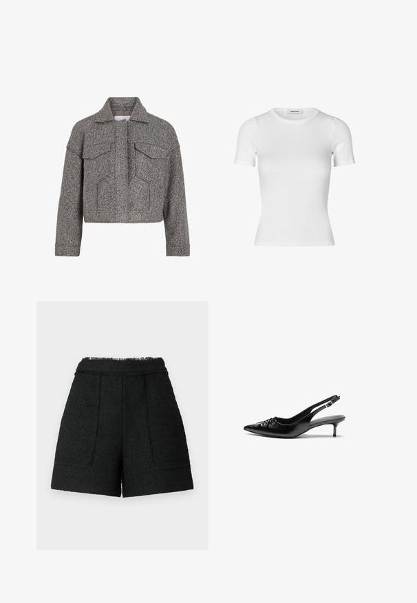 Grå kort jakke laget av teksturert ull, med spiss krage, to frontlommer og rett kutt design.; Hvit kortermet t-skjorte laget av ribbet bomullsstoff. Fitted design med rund hals og en jevn tekstur. Ingen mønstre eller utsmykninger.; Sorte shorts laget av teksturert stoff med en frynset kant, har to frontlommer og en skreddersydd passform.; Sorte skinnert remsandaler med spiss tå, liten kittenhæl og en dekorativ knute detalj foran. Glatt tekstur gjennom hele.