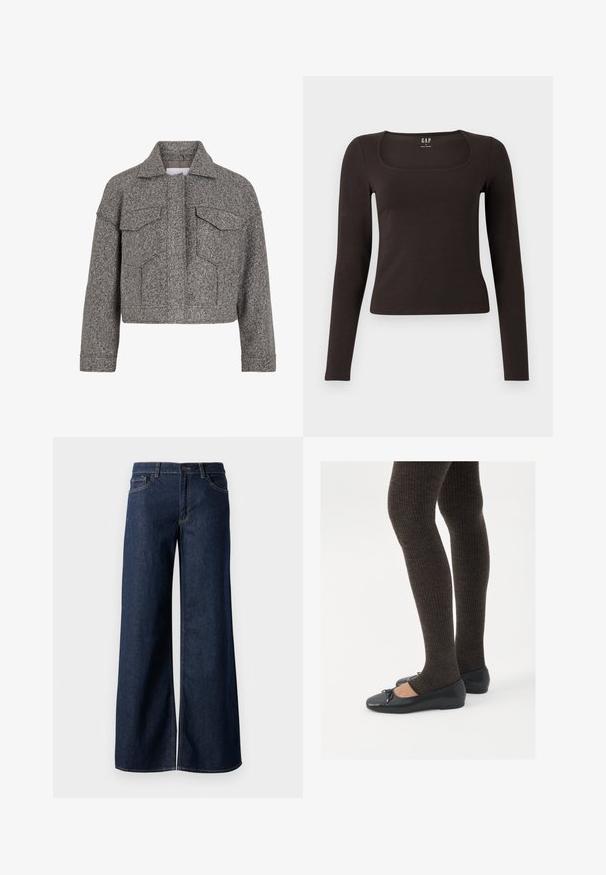 Hallide tekstuuriga villast valmistatud hall lühike jakk, millel on terav krae, kaks esikotti ja sirge lõike disain.; Must musta, sobiv ülikond, neljakandiline kaelus, sildiga GAP, valge tausta peal.; Laiad teksad tumesinises denimis. Omab kontrastõmblusi, viit taskut ja nupukinnitust vööl. Sile tekstuur.; Mustad mustad kingad väikese teksaga varvaste juures, koos tumedate pruunide ribakangastega. Kingadel on sile tekstuur ja madal profiil.