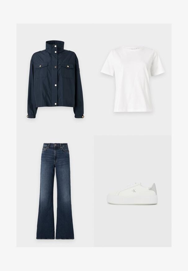 Námořnická zkrácená bunda s vysokým límcem, dvěma předními kapsami, kovovým zapínáním na druky a akcenty ze světle zlaté barvy. Hladká, lehká látka.; Bílý bavlněný tričko s krátkým rukávem, kulatým výstřihem a volnějším střihem. Hladká textura, bez vzorů nebo akcentů, minimalistický design.; Široké tmavě modré džíny s vysokým pasem. Obsahují klasický design pěti kapes a jemné vyblednutí na stehnech. Zapínání na kovový knoflík.; Bílé plátěné tenisky s tlustou bílou podrážkou, s metalickým stříbrným akcentem na patě a jemným logem na boku.