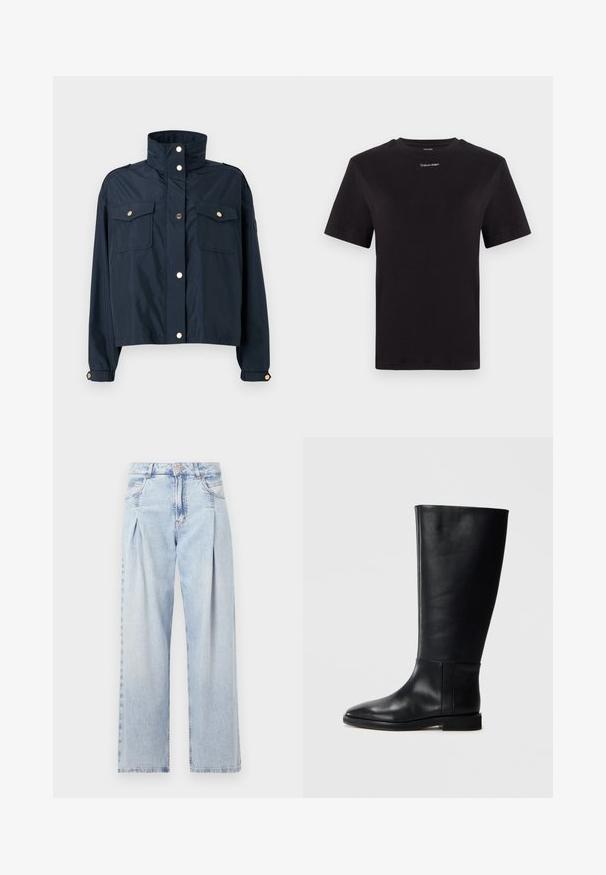 Mørkeblå cropped jakke med høj krave, to forlommer, trykknaplukning og detaljer i lyseguldbelægning. Glat, letvægtsstof.; Sort bomulds t-shirt med korte ærmer, rund halsudskæring og lille hvid "Calvin Klein" logo på brystet. Glat tekstur, klassisk pasform.; Lyseblå denim jeans med høj talje, bred benåbning, to sidelommer og plisseret design. Blød tekstur med et falmet finish.; Sorte læderknæhigh støvler med rund tå, glat tekstur, minimalistisk design og flad sål. Enkle sømdetaljer på skaftet.