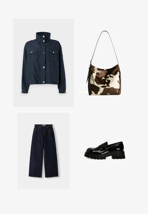 Marineblazer mit hohem Kragen, zwei Fronttaschen, Druckknopfverschluss und Akzenten aus leichtem Goldmetall. Glattes, leichtes Material.; Zwei schlichte weiße Langarmshirts mit Rundhalsausschnitt, übereinander gestapelt, eines leicht vor dem anderen auf einem weißen Hintergrund.; Dunkelblaue, weite Jeans mit hoher Taille, fünf Taschen, Kontrastnähten und silbernem Metallzubehör. Glatte Textur und saubere Verarbeitung.; Schwarze Lackleder-Slipper mit einer dicke Gummisohle, glatter Textur und einem kleinen Riemen-Detail an der Vorderseite. Besitzt ein niedriges Profil-Design.; Braune und cremefarbene Kuhhaut-Umhängetasche mit einem glatten Ledertrageriemen, Reißverschluss und einer weichen, strukturierten Oberfläche mit einem natürlichen Muster.