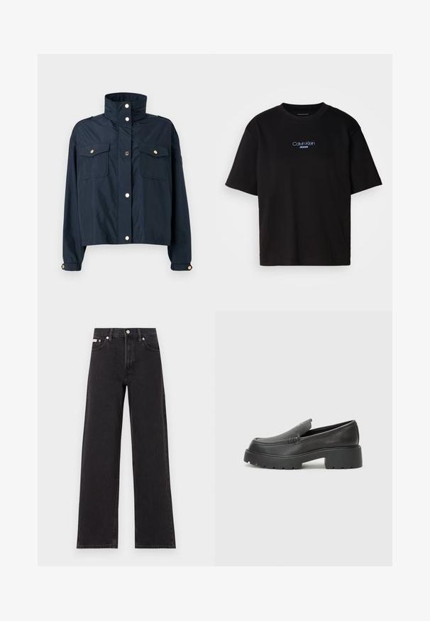 Navy cropped jacket with a high collar, two front pockets, snap closure, and light gold hardware accents. Smooth, lightweight fabric.; Black cotton t-shirt with a round neck, short sleeves, and blue embroidered "Calvin Klein JEANS" logo on the front.; Black wide-leg jeans made of denim, featuring a high-rise waist, five-pocket styling, and a metal button closure with contrasting stitching.; Black leather loafers with a rounded toe, thick textured sole, and minimal stitching details. Sleek design with no visible laces or hardware.