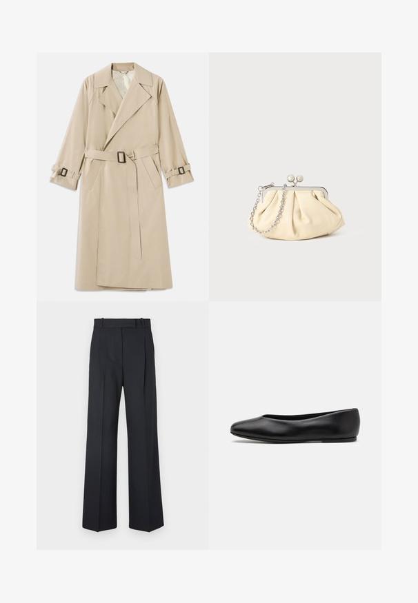 Beige trenčkot vyrobený z hladké látky, s širokým límcem, opaskem s obdélníkovou přezkou a nastavitelnými manžetami.; Černý pletený svetr s dlouhými rukávy, kulatým výstřihem a malým bílým srdíčkem na hrudi. Měkká textura a žebrované manžety a spodní lem.; Tmavě modré kalhoty s pruhy, vysokým pasem, širokým nohavicemi a bez viditelného kování nebo ozdob. Hladká textura a přesně padnoucí střih.; Paul Smith TOPANGA - Klasické baleríny - black; Plisovaná béžová kožená kabelka na psaní s rámem ze stříbrného kovu, vybavená dvěma kulatými dekorativními uzávěry a stříbrným řetízkem.