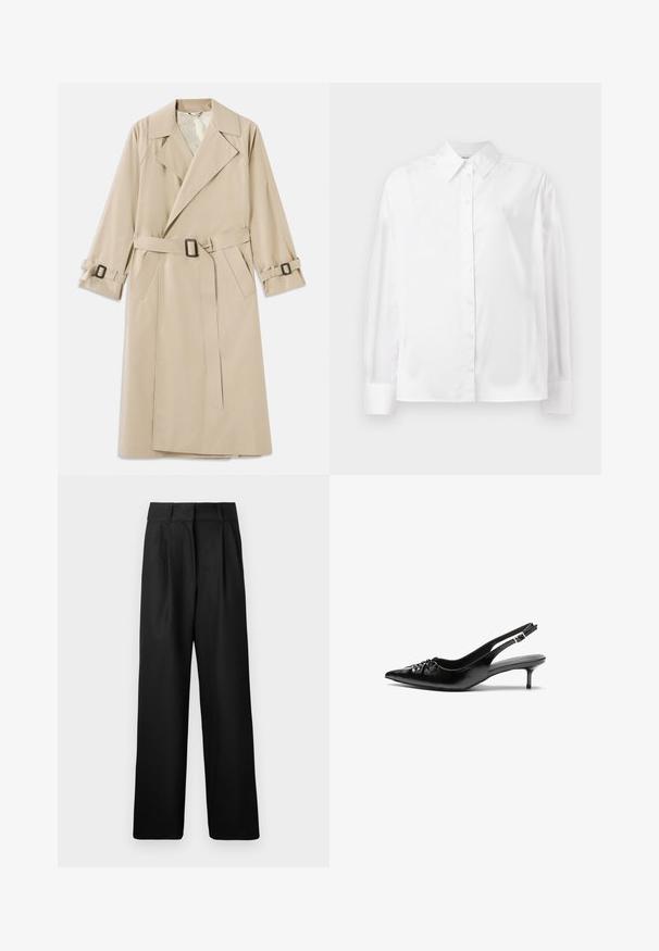 Bežový trenčkot vyrobený z hladkej tkaniny, s širokým golierom, opaskom s obdĺžnikovou prackou a nastaviteľnými manžetami.; Biela košeľa s dlhým rukávom vyrobená z hladkej bavlnenej zmesi. Má klasický golier, predné zapínanie na gombíky a zaoblené manžety.; Čierne široké nohavice s hladkou textúrou, s prednými skladmi a vysokým pásom. Vyrobené z ľahkého materiálu.; Čierne kožené slingback podpätky s ostrou špičkou, malým podpatkom a dekoratívnym uzlom vpredu. Hladký povrch po celom obvode.