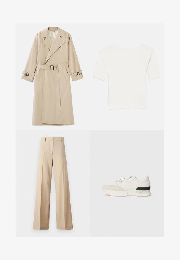 Beige trench coat valmistettu sileästä kankaasta, jossa on leveä kaulus, vyö suorakulmaisen soljen kanssa ja säädettävät hihansuut.; Valkoinen ribbattu lyhythihainen paita, jossa on leveä pääntie. Tekstuurissa on pystysuoria raitoja, jotka korostavat tiukkaa istuvuutta ja yksinkertaista muotoilua.; Beige leveled trousers made from smooth fabric, featuring a flat front with folds, a zip fly, and belt loops. Overall tailored fit.; Valkoiset tennarit, joissa on teksturoidulla mokkanahalla vuorattu kärki, sileä verkko-yläosa, koristeet nauhat ja musta kuminen kantapään korostus.