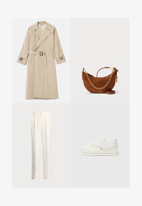 Cabrinha bege feita de um tecido suave, apresentando um grande colarinho, cinto com uma fivela retangular e tiras de punho ajustáveis.; Sweater branco sem mangas, feito de algodão liso, com uma bainha canelada e um pequeno logotipo em navy na parte inferior esquerda. Design simples, sem padrões.; Polo Ralph Lauren HEMP WIDE LEG PANT - Calças - nevis; Sapatilhas brancas com uma mistura de materiais lisos e texturizados, apresentando um logótipo subtil, um design de atacadores e uma sola em ziguezague.; Bolsa de mão de couro castanho com um design curvado, alça de corrente dourada, bolso interior e uma alça de ombro destacável. Apresenta costura em contraste.