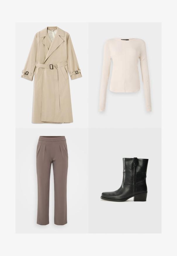 Trench coat beige realizzato in tessuto morbido, con colletto ampio, cintura con fibbia rettangolare e fascette ai polsini regolabili.; Maglietta a maniche lunghe di colore beige chiaro con scollatura rotonda. Realizzata in tessuto morbido, presenta una cucitura centrale e un orlo leggermente curvato. Senza hardware visibile.; Pantaloni taupe a vestibilità ampia con elastico in vita e pieghe frontali, realizzati in tessuto morbido.; Stivale ankle in pelle nera con punta arrotondata, tacco a blocco, cerniera laterale e dettagli in cucitura sulla tomaia. Texture liscia, design classico.