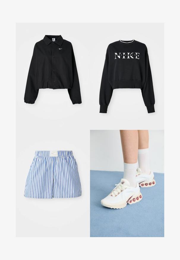 Casaco cropped preto com frente de botões, mangas longas e cintura elástica. Apresenta um pequeno logótipo branco da Nike no peito.; Sweatshirt preto cortado, feito de algodão, com impressões brancas "NIKE" e "SPORTSWEAR", com punhos e colarinho canelados.; Calções listrados em azul e branco com um cós elástico e uma etiqueta com o logotipo da Nike. Feitos de tecido leve com uma textura suave.; Sapatilhas brancas de atletismo com um upper texturizado, apresentando um destaque rosa nos atacadores e grandes bolhas de ar na sola.