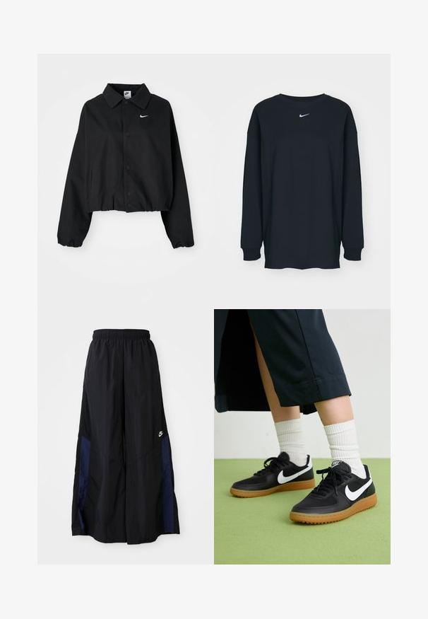 Casaco cropped preto com frente de botões, mangas longas e cintura elástica. Apresenta um pequeno logótipo branco da Nike no peito.; Camisola preta de mangas longas feita de algodão com decote redondo. Apresenta um logótipo branco da Nike no peito. Textura suave, design simples.; Calças largas pretas feitas de tecido leve, com um painel lateral azul-marinho e cintura elástica. Pequeno logótipo branco na parte inferior.; Sapatilhas pretas em couro e sintético com o logo da Nike em branco, sola de borracha tipo goma, bico redondo e atacadores pretos. Meias brancas com frunces visíveis.