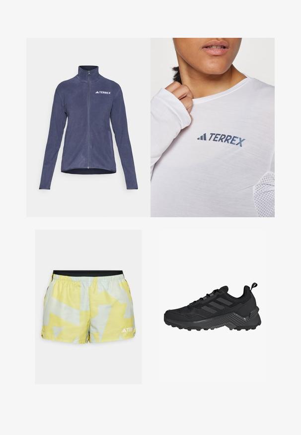 Námornícka flísová bunda s vysokým golierom, celým zipsom a logom na hrudi. Má dlhé rukávy a bočné vrecká. Mäkký, štruktúrovaný materiál.; Biela košeľa s dlhým rukávom, ktorá má modré logo "TERREX". Materiál je ľahký a obsahuje textúrované sieťovinové akcenty na pleciach.; Žlté a svetlozelené športové šortky s geometrickým vzorom, elastickým pásom, bočnými rozparkami a detailom loga na leme.; Čierna športová obuv s hornou časťou z sieťoviny, dizajnom s trojitou prúžkovou témou, tvarovaným podpätkom a robustnou podrážkou s výraznými trakčnými výstupkami.