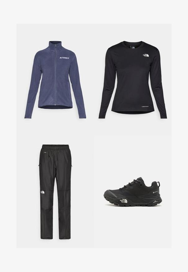 Navy fleece jacket with a high collar, full zipper, and logo on the chest. Features long sleeves and side pockets. Soft, textured material.; The North Face SHADOW LONG SLEEVE - Long sleeved top - black; Black waterproof pants made from lightweight fabric, featuring an elastic waistband, side pockets, and a logo on the left leg.; Black hiking shoe with a textured upper, lace closure, and a chunky rubber sole featuring a prominent logo on the side and tread patterns.