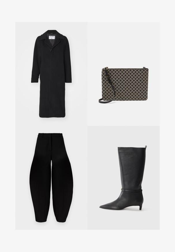 Filippa K CARCOAT - Abrigo clásico - black; Suéter negro de cuello alto fabricado en una suave tela, con acentos acanalados en el collar y los puños, un corte holgado y aberturas laterales.; Pantalones negros de pierna ancha con cintura alta, frente plisado y tobillos estrechos. Fabricados en un tejido suave con acabado mate.; Bota de cuero negro hasta la rodilla con punta afilada, acentuada por una correa circular alrededor del tobillo y un tacón bajo y afilado. Textura suave.; Bolso de mano de patrón negro y beige con forma rectangular, que presenta un diseño entrecruzado, un cierre de cremallera y una correa negra desmontable.