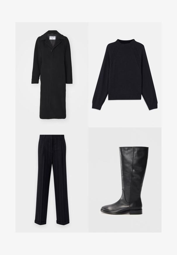 Filippa K CARCOAT - Klasični plašč - black; Temno modra majica s krožnim izrezom, dolgimi raglan rokavi, rebrastimi manšetami in ravnim robom. Narejena iz mehke, teksturirane pletene tkanine.; Črne hlače s pinstripes vzorcem in prilagojenim krojem, opremljene z manšetnim robom in sprednjimi pregibi. Narejene iz gladkega materiala z ustrezno strukturo.; Črne usnjene škornje do kolen z nizko peto in zaobljenim prstom, ki prikazuje šive vzdolž šahta in zgornjega dela.