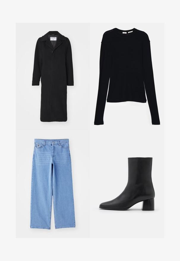 Filippa K CARCOAT - Cappotto classico - black; Maglietta nera a maniche lunghe realizzata in tessuto morbido, con scollo rotondo e vestibilità ampia, dotata di spacchi laterali all'orlo per facilitare i movimenti.; Jeans a gamba larga di colore blu chiaro in denim, con un classico design a cinque tasche e chiusura con bottoni. Texture liscia, orlo sfilacciato.; Stivali ankle in pelle nera con punta affusolata e tacco quadrato grosso. Texture liscia con un design senza cuciture e cuciture minimaliste.