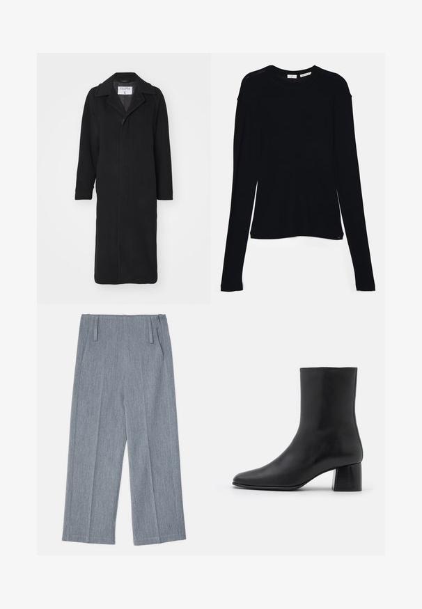 Filippa K CARCOAT - Casaco clássico - black; Top preto de manga longa feito de tecido suave, com decote redondo e um corte relaxado, apresentando aberturas laterais na barra para facilitar os movimentos.; Calças largas de tom cinza claro, feitas de tecido texturizado, com dois pinceis frontais e dois bolsos laterais. Design limpo e bem cortado.; Botim de pele preta até ao tornozelo com biqueira pontiaguda e salto quadrado robusto. Textura suave com um design sem costuras e costura minimalista.