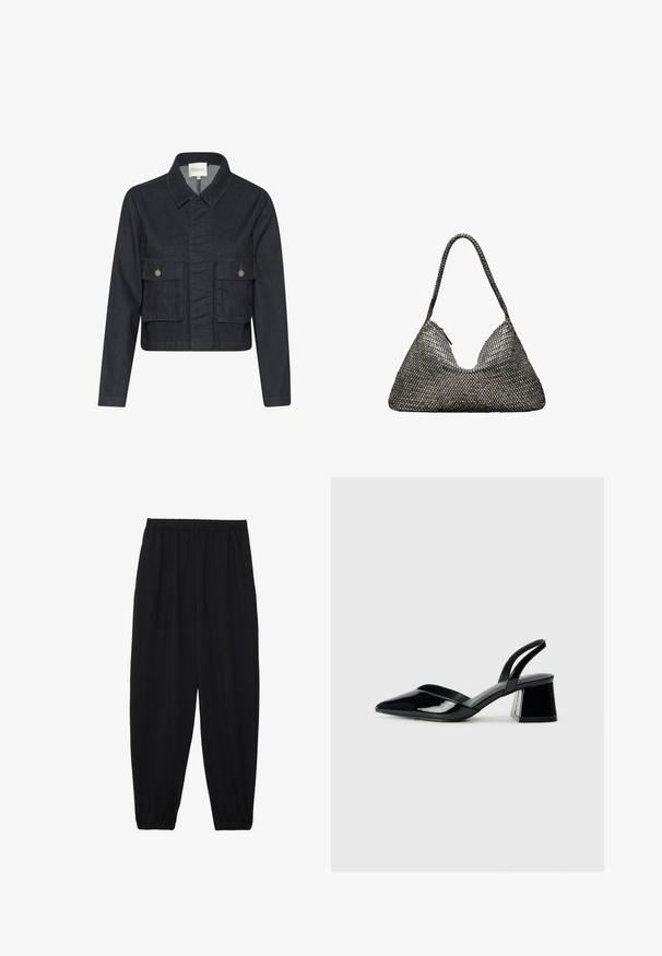 Dunkelblaue Jeansjacke mit kragenartig genähtem Ausschnitt, taillierter Passform, zwei aufgesetzten Taschen auf der Vorderseite und silbernen Knopf-Details. Einfache Steppnähte sind sichtbar.; Schwarz-weiß gestreifte Langarmshirts mit Rundhalsausschnitten, weichem Stoff und einer taillierten Passform mit geraden Säumen.; Schwarze, leichte Hosen mit einem elastischen Bund und gerafften Knöcheln. Der Stoff ist glatt und hat ein entspanntes, schmal zulaufendes Design.; Schwarze Lackleder-Slingback-High Heels mit spitzem Schuh und einem geometrischen Blockabsatz. Verfügt über ein schlankes, minimalistisches Design und eine glatte Textur.; Graue gewebte Handtasche in dreieckiger Form, mit einem einzigen Tragegurt und strukturierten Oberflächen, Reißverschlussverschluss und gleichmäßigem Muster.