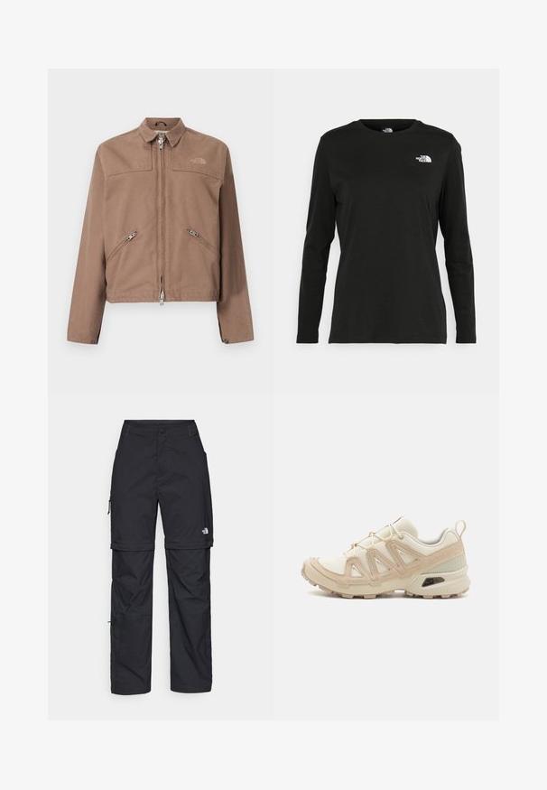 Casaco castanho com fecho éclair à frente, dois bolsos laterais em ângulo e um colarinho pontudo. Apresenta um logótipo subtil no lado esquerdo do peito e punhos com botão.; T-shirt preto de mangas longas, feito de algodão, com decote redondo. Apresenta um pequeno logótipo branco na área esquerda do peito. Design simples e ajuste confortável.; Calças cargo pretas em nylon com fechos de correr removíveis, punhos ajustáveis, múltiplos bolsos e um logótipo na perna direita. Textura suave e leve.; Sapatilha atlética beige e creme com parte superior em malha texturizada, sobreposições de suporte e sola de borracha com um padrão de cravo para tração.