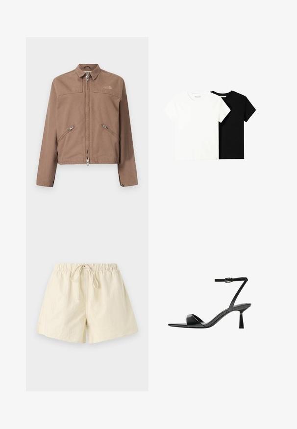 Brun jacka med dragkedja fram, två snedställda sidofickor och en spetsig krage. Har en diskret logotyp på vänster bröst och knäppar i ärmsluten.; Två kortärmade t-shirts, en vit och en svart, tillverkade av bomull. Båda har en rund halsringning och en enkel, klassisk design.; Beige elastiska shorts med midjeband och snörning, med en avslappnad passform och slät yta. Inga synliga fickor eller mönster.; Bershka Sandaletter - black
