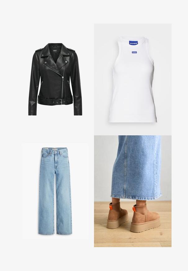 Veste de motard en cuir noir avec quincaillerie en argent, fermeture éclair, col cranté et taille ceinturée. Présente des manches longues et une finition texturée.; Débardeur blanc sans manches en tissu côtelé, avec un col rond et une étiquette bleue "HUGO" près du col. Texture lisse.; Levi's® RIBCAGE WIDE LEG - Wide Leg - far and wide; Bottes en suède brun à plateforme avec des panneaux latéraux élastiques et des languettes orange, associées à une jupe en denim clair arrivant au genou sur un sol en bois.