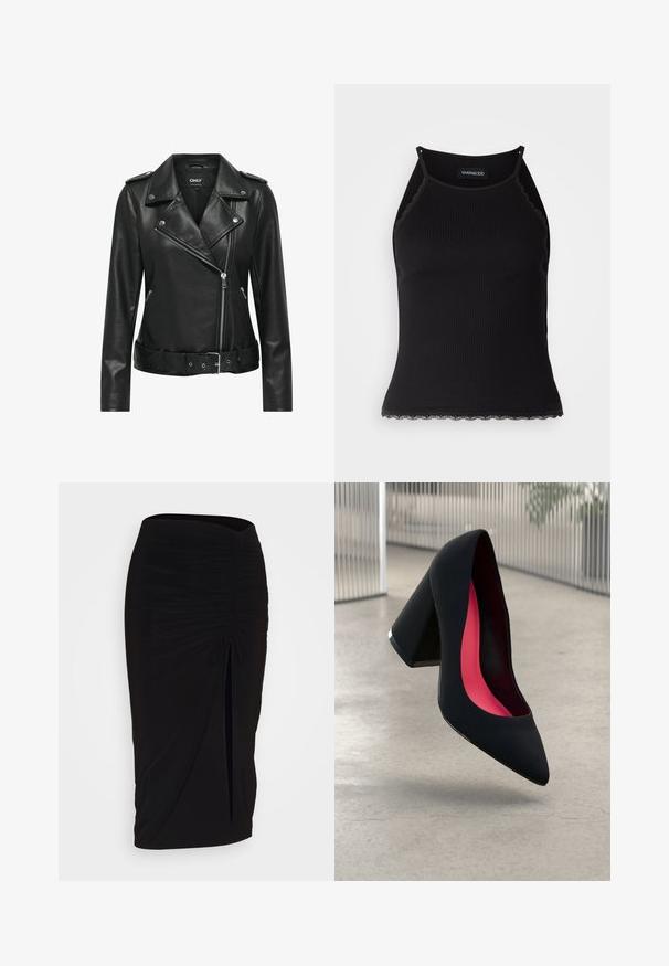 Sort læder bikerjakke med sølvhardware, lynlås-lukning, udskåret krave og bælte i taljen. Har lange ærmer og struktureret finish.; Sort ribbet tanktop med bølget blondekant forneden. Har tynde stropper og en tætsiddende pasform. Fremstillet af strækbart materiale.; Sort, rynket blyantskørt med bindebånd og en sidelæg. Fremstillet af et strækbart stof, der har en glat overflade og en tætsiddende pasform.; Sort højhælet sko med spids tå, struktureret overflade og et livligt pink interiør. Har en kraftig hæl med sølvdetaljer.