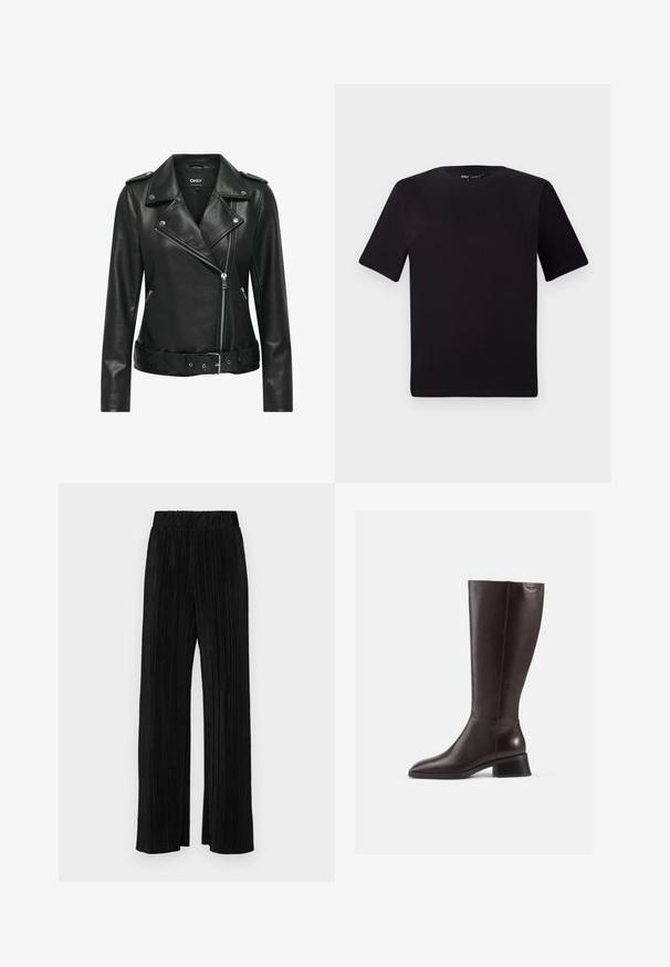Zwart leren motorjack met zilveren hardware, ritssluiting, gekartelde kraag en een ceintuur in de taille. Heeft lange mouwen en een gestructureerde afwerking.; Zwarte T-shirt met korte mouwen en een ronde hals, gemaakt van zachte katoenstof. Eenvoudig ontwerp, geen zichtbare logo's of patronen.; Zwarte geplooide broek met een elastische tailleband. Beschikt over wijde pijpen en een glad, gestructureerd stof met verticale strepen.; Kniehoge bruine leren laarzen met een gladde afwerking, ronde neus en een gestapelde zwarte hak. Eenvoudig ontwerp met minimale hardwaredetails.
