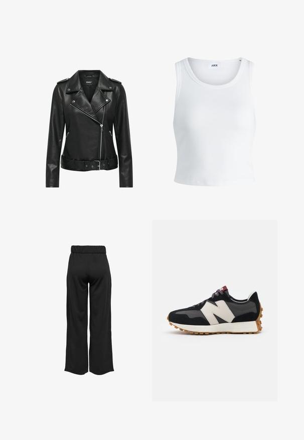 Crna kožna biker jakna s srebrnim detaljima, zatvaranje na patentni zatvarač, oštri ovratnik i struk s remenom. Ima duge rukave i teksturiranu površinu.; Bijela rebrasta majica bez rukava s okruglim izrezom i skraćenom dužinom. Na etiketi piše "JJXX." Glatka tekstura tkanine.; Crne hlače širokih nogavica s elastičnom waistbandom, izrađene od glatkog materijala. Imaju jednostavan dizajn bez džepova ili vidljivih šavova.; Crne i sive suede tenisice s velikim kremastim logom "N", ljubičastim pertlama i teksturiranim gumiranim potplatom.