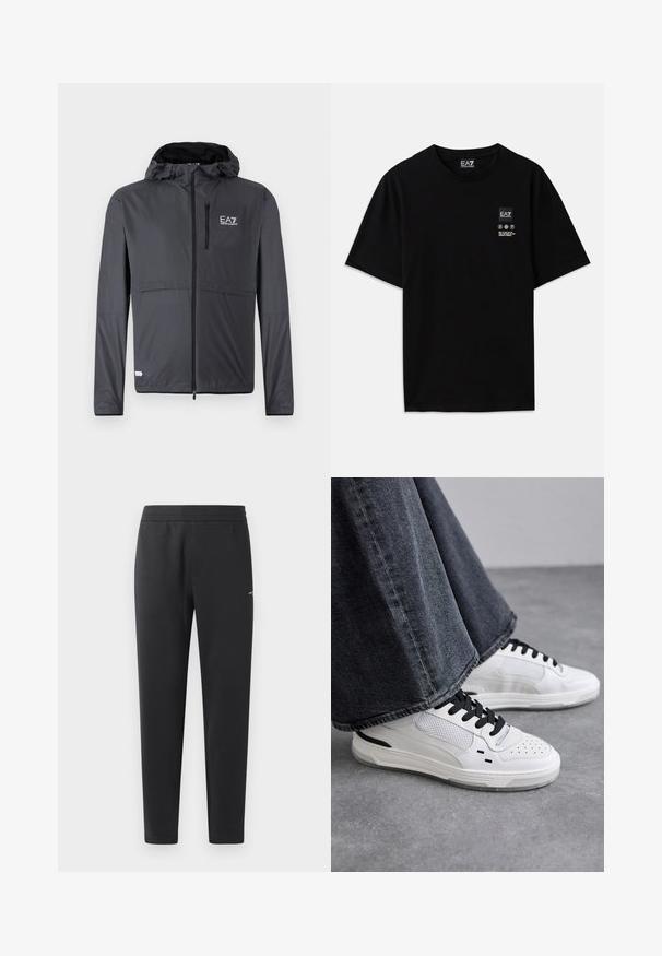 Lightweight black jacket with a hood, featuring a zippered pocket and logo detail on the upper left side. Made of smooth, water-resistant fabric.; Black cotton t-shirt with short sleeves, a crew neck, and a small logo tag on the front featuring care symbols in white.; Black jogger pants made of soft fabric, featuring an elastic waistband, straight legs, and a single small logo detail on the side.; White sneakers with black laces and mesh detailing. Features a smooth leather upper and a textured rubber sole. Paired with wide-leg grey jeans.