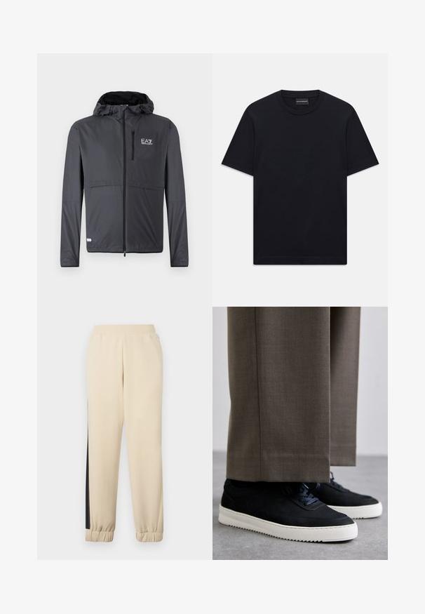 Lightweight black jacket with a hood, featuring a zippered pocket and logo detail on the upper left side. Made of smooth, water-resistant fabric.; Black short-sleeve crew neck T-shirt with subtle embossed logo design centered on the chest and a branded tag inside the collar.; Cream-colored sweatpants with black side stripes, elastic waistband, and ribbed cuffs. Soft fabric with a relaxed fit.; Black suede sneakers with white rubber soles, featuring a rounded toe and laces, worn with gray tailored pants.